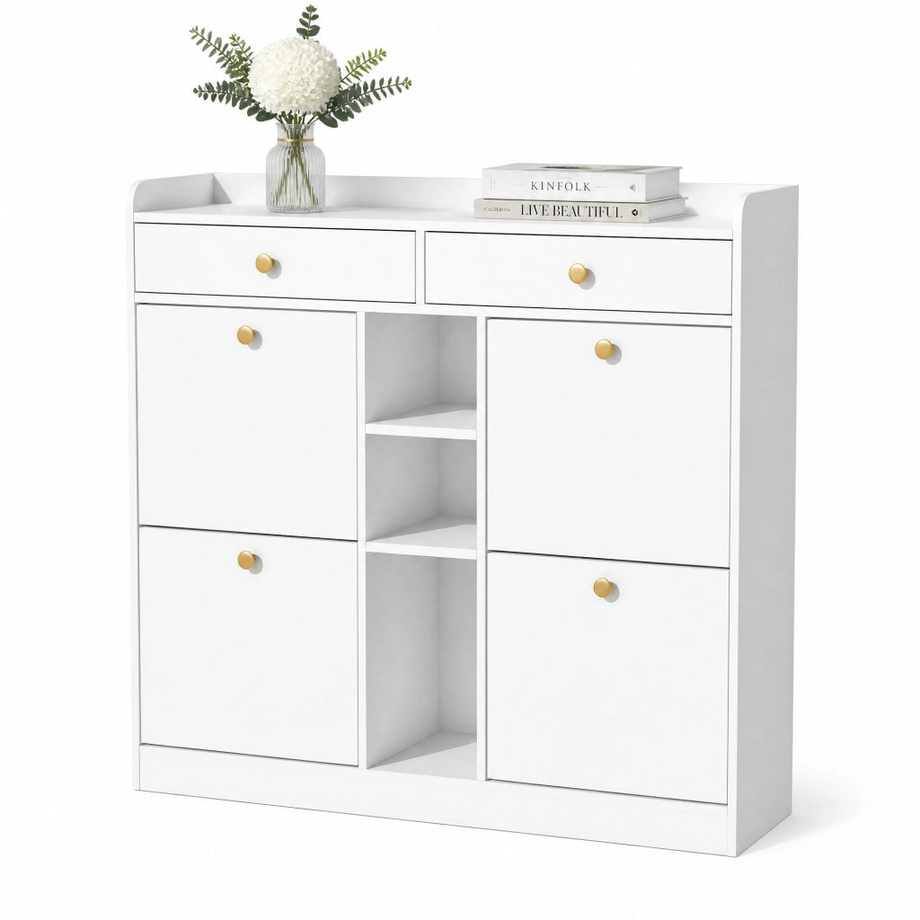 Scarpiera bianca 110x26x100 cm con ante a ribalta e cassetti