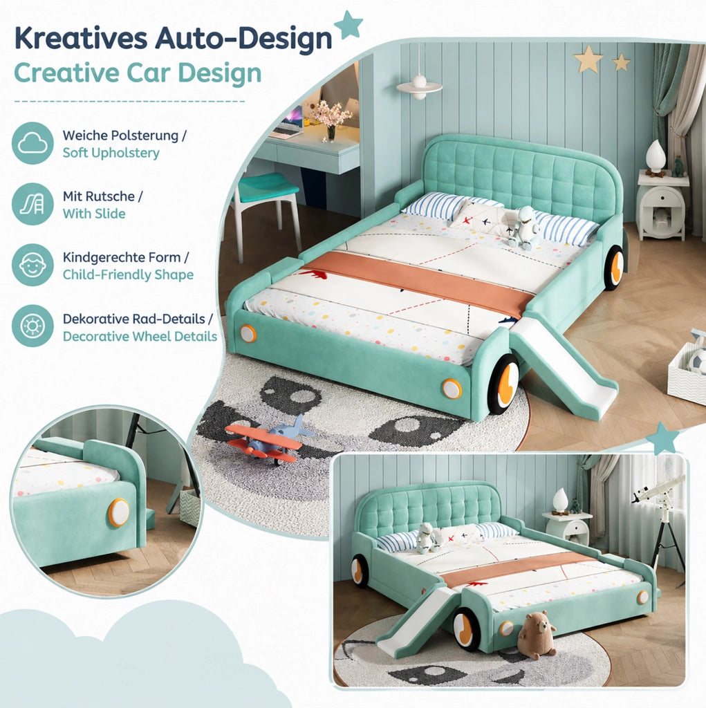 Letto per bambini a forma di auto con scivolo e scala 140x200 cm in velluto blu verde