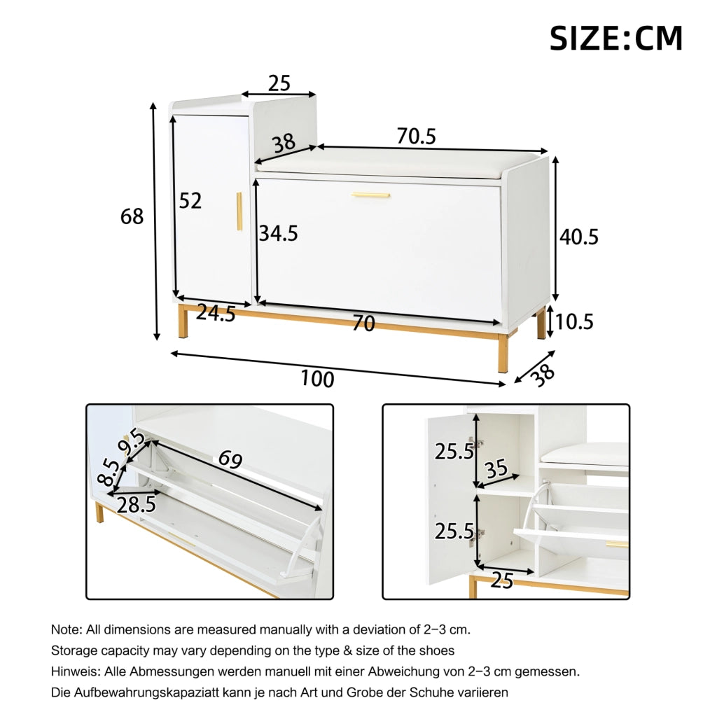 Panca scarpiera 100x38x68 cm con seduta imbottita e ante a ribalta in truciolato e metallo bianco e oro