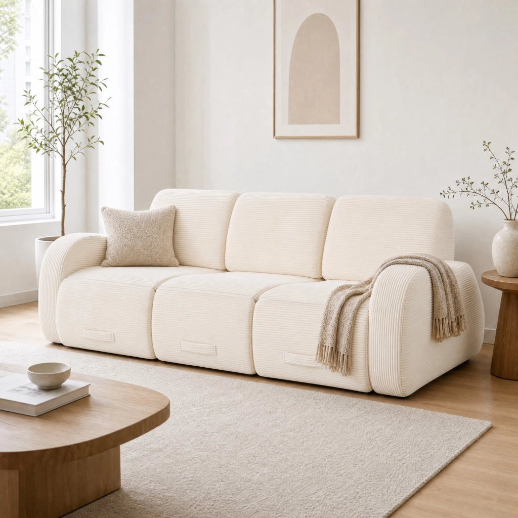 Divano modulare 3 moduli con funzione letto e struttura senza parti rigide, in velluto a coste beige