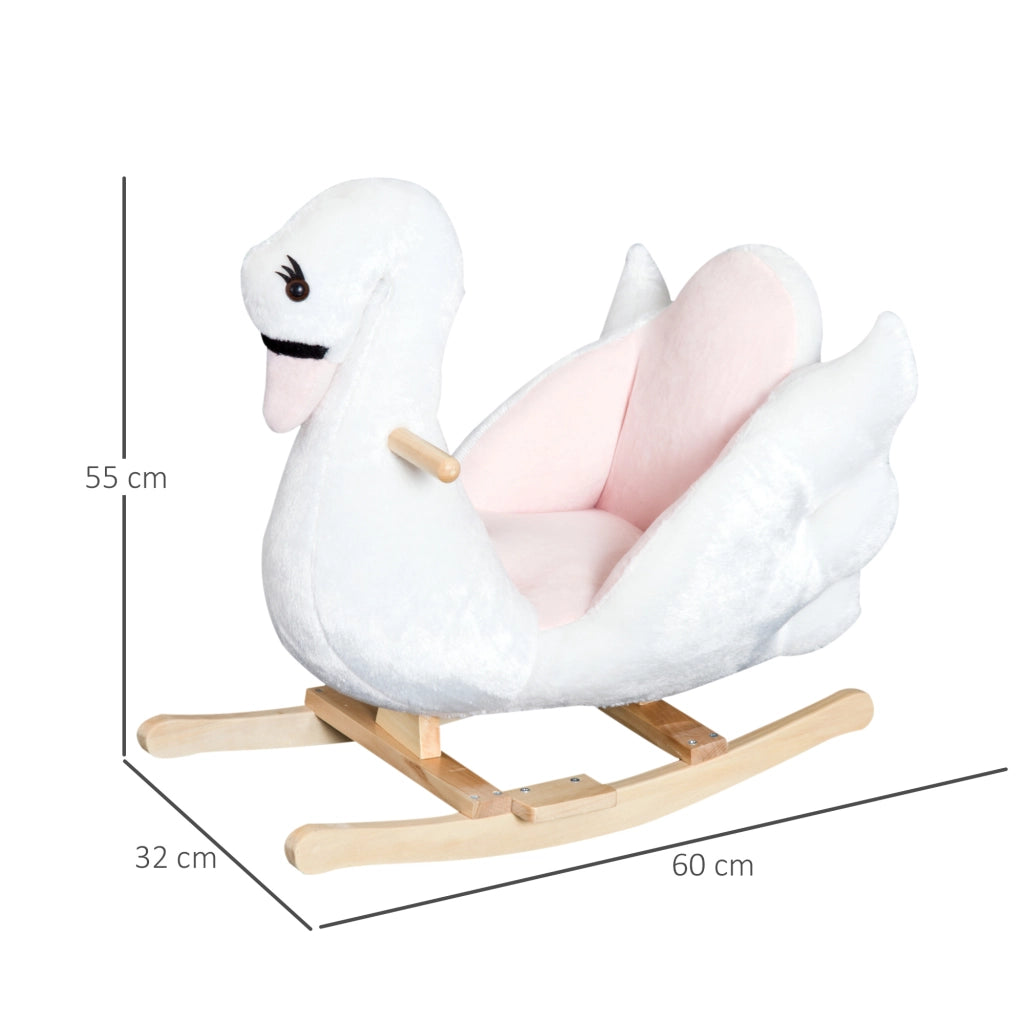 Animale a Dondolo per Bambini a Forma di Cigno 55 cm Peluche e Legno con Cintura di Sicurezza e Musica per Casa