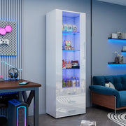 Vetrina bianca con LED controllabile tramite app; 1 anta in acrilico; 3 cassetti e ripiani in vetro temperato; 60 × 35 × 180 cm