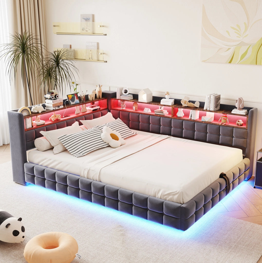 Divano letto imbottito 140x200 cm con contenitore; LED; prese USB e Type-C; grigio