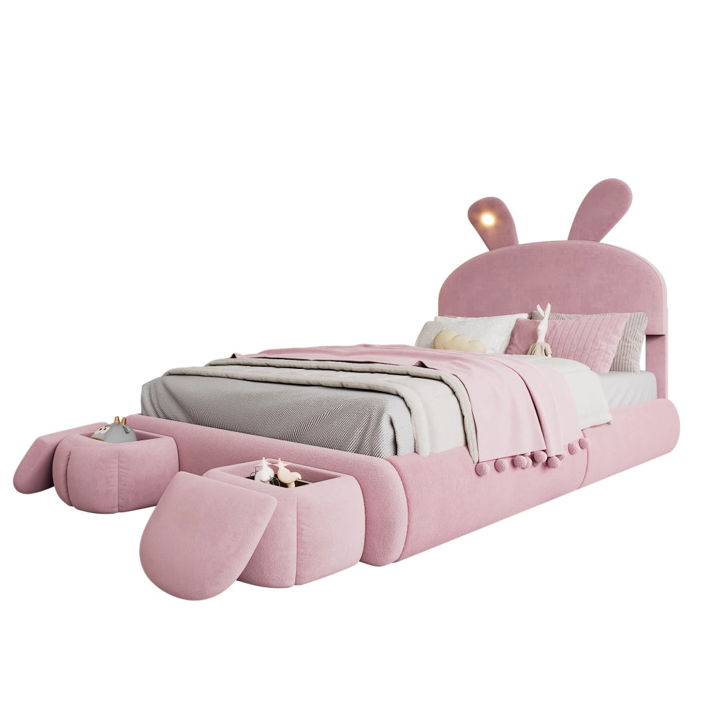 Letto Matrimoniale 140x200 in Velluto Rosa con Contenitore Idraulico e Orecchie da Coniglio
