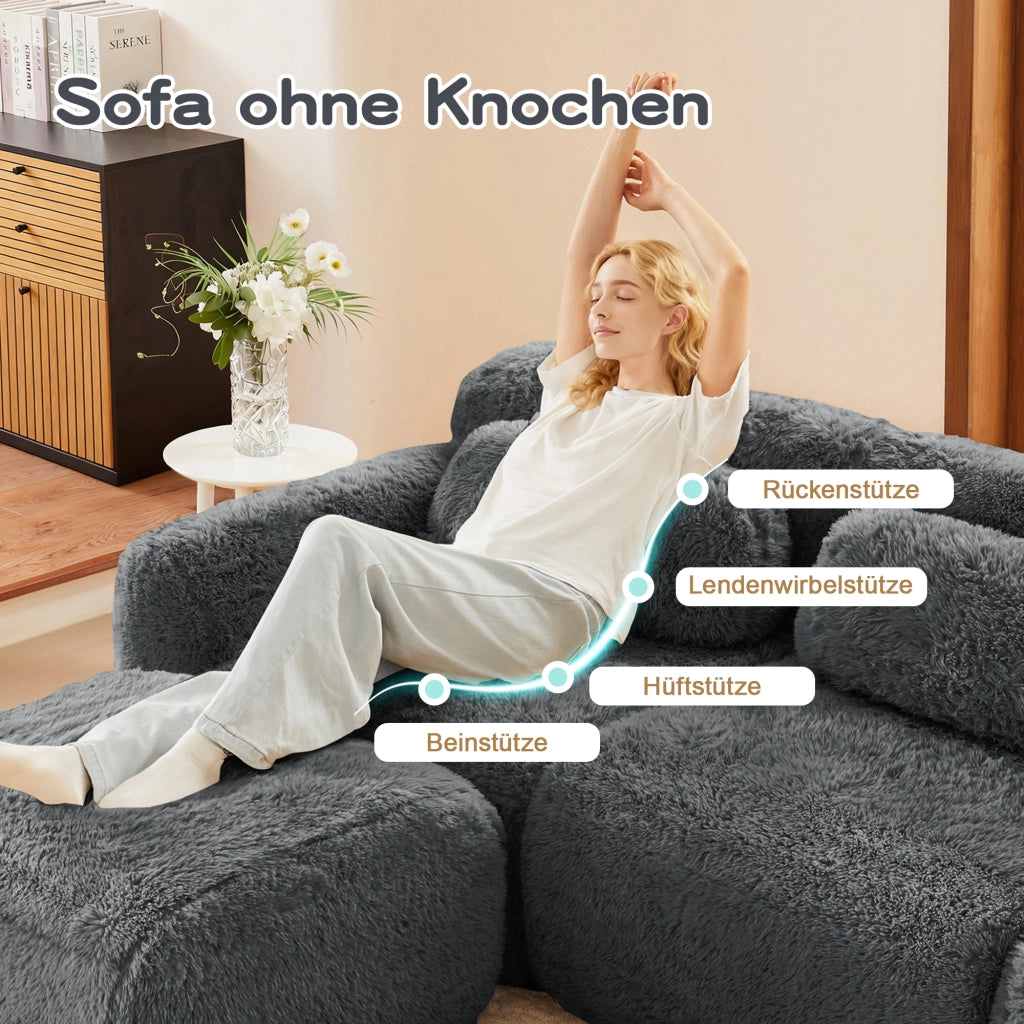 Divano Modulare 4 Posti con Cuscini e Base Antiscivolo; in Peluche; Grigio