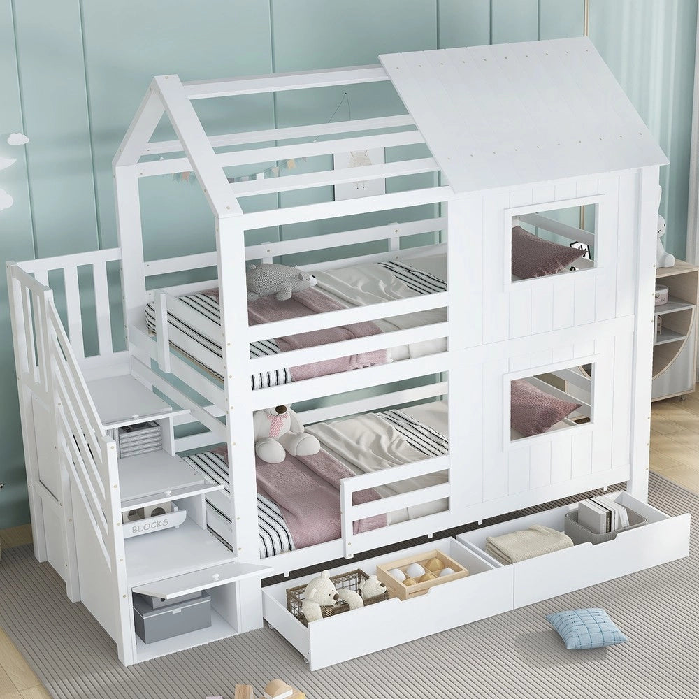 Letto a Castello per Bambini con Cassetti e Doghe ¨C MINIMAL ¨C Pino/MDF, Bianco, 90x200cm