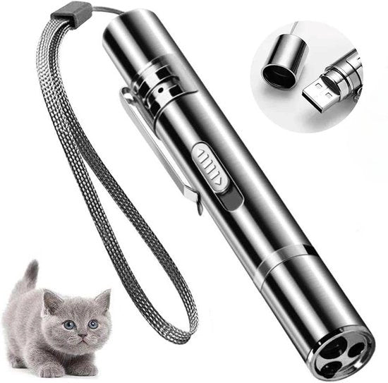 Lanterna Laser per Gatti - Caricabile via USB - Con Cordino Portatile - Magnetica - Giocattoli per Gatti - Giocattolo interattivo per Gatti e Cani - 11.5x1.9 cm - 5 Modelli - Lampada Laser - Acciaio Inossidabile - Puntatore Laser - Argento