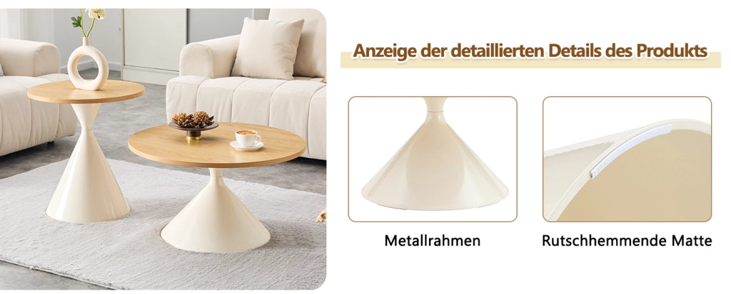 Set di 2 Tavolini rotondi da salotto, Ø70 x H40 cm e Ø50 x H50 cm, piano in effetto legno crema con struttura in acciaio crema