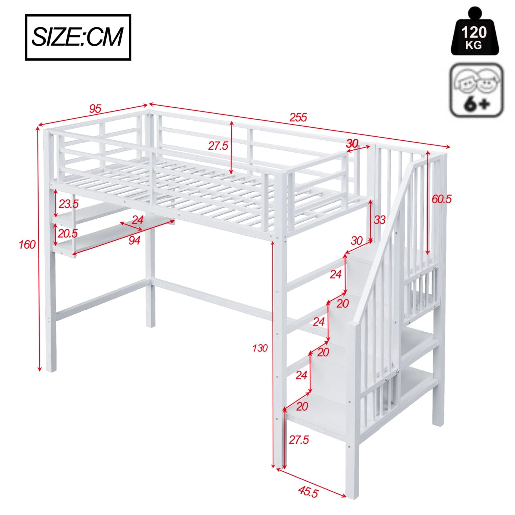 Letto a Soppalco 90x200 cm in metallo con Ripiani Bianco