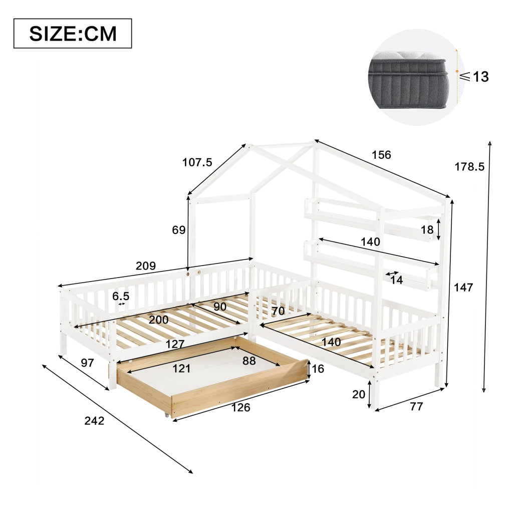 Letto a casetta per bambini in legno con cassetti e ripiani, bianco, 200x90 cm + 140x70 cm