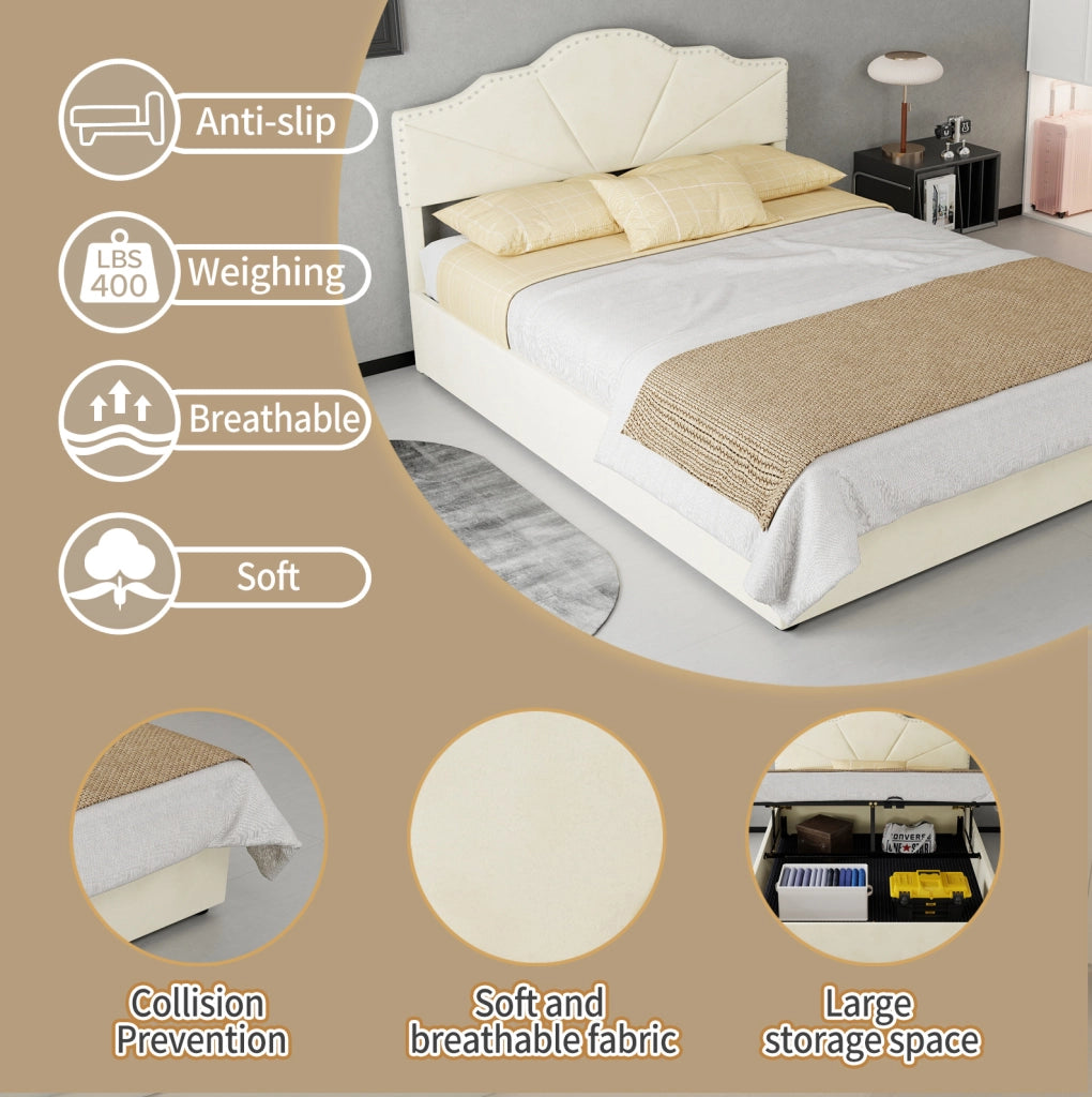 Letto moderno beige 140x200 cm con testiera imbottita e contenitore con pistoni idraulici, struttura in legno multifunzionale senza materasso