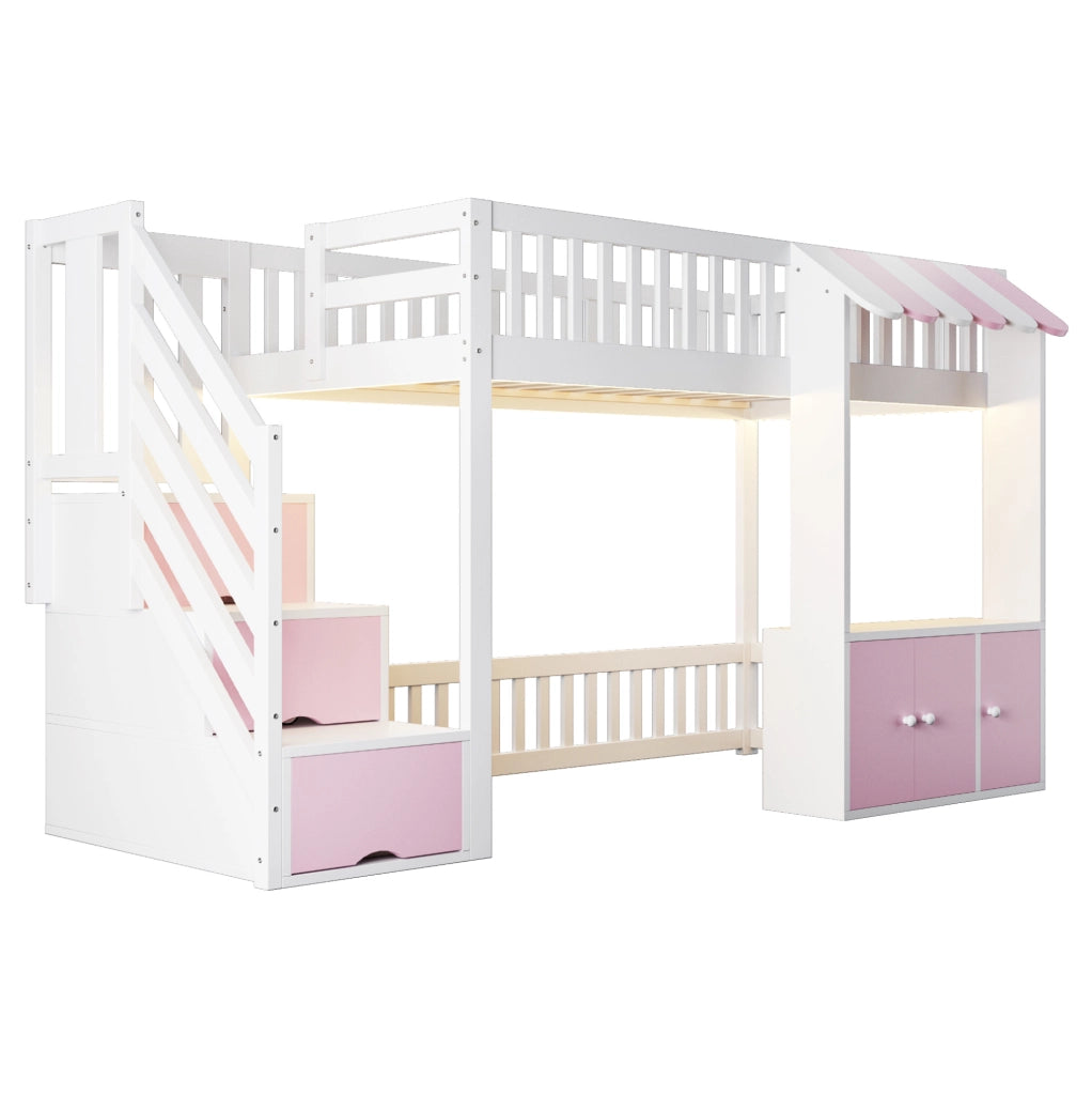 Letto a soppalco singolo 90x200 cm con scala contenitore e luce LED; rosa e bianco