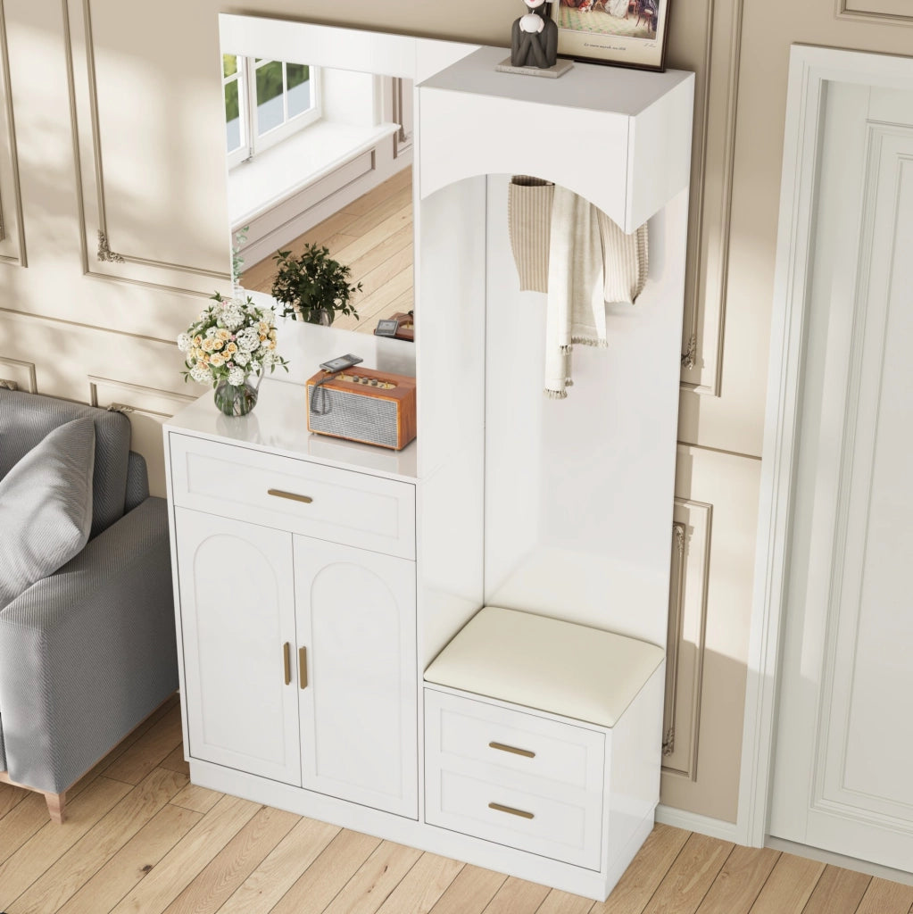 Guardaroba compatto bianco con appendiabiti, scarpiera, specchio e panca, 110x33x185,5 cm