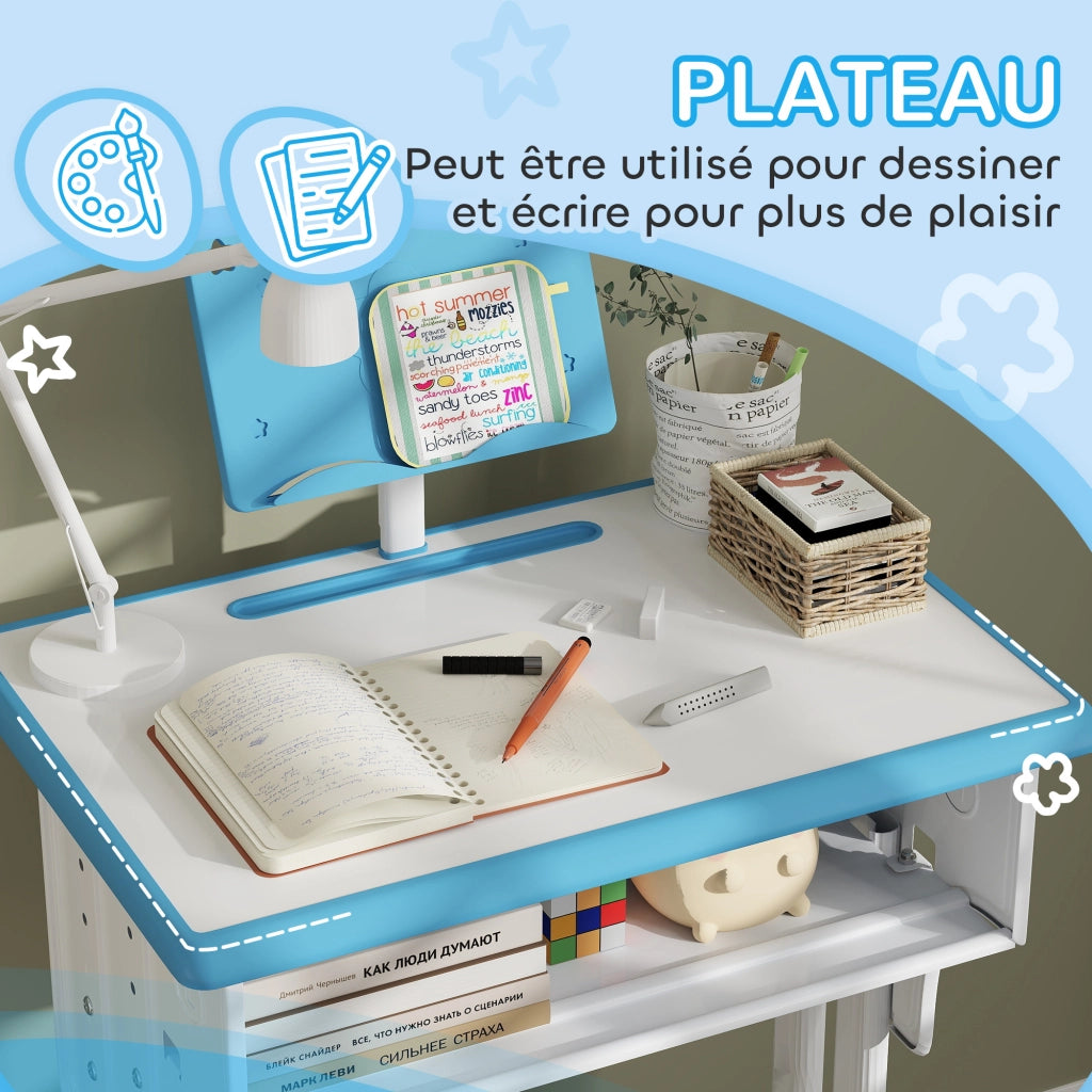 Scrivania e sedia per bambini con leggio portapenne gancio e cassetto 60x45x90-102 cm ¨C Xylo ¨C Blu