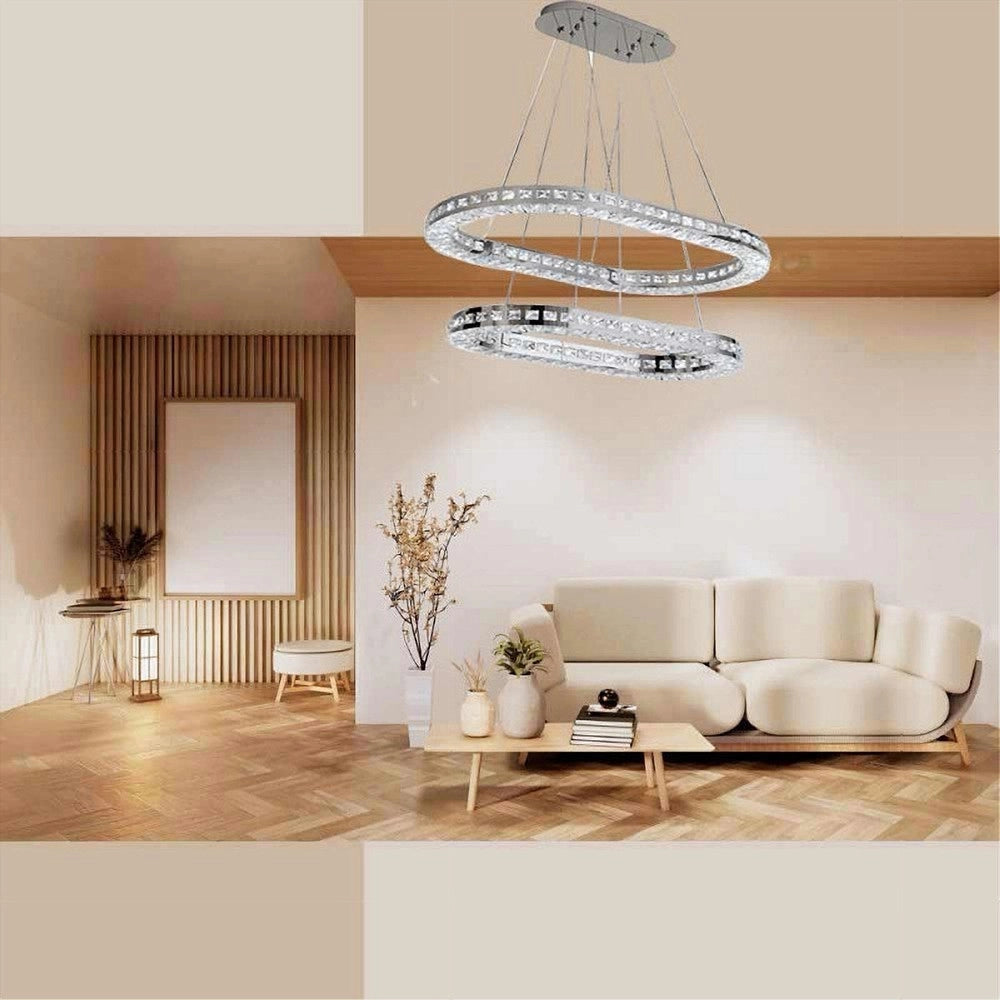 Trade Shop - Lampadario Moderno A Sospensione Led Luce Fredda 40w 2 Anelli Ovali Cristalli B49 -