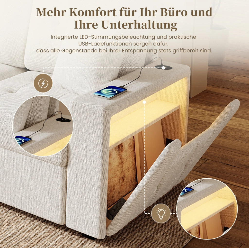 Divano angolare modulare a L con pouf contenitore; LED; USB e Type-C; beige; 253 cm