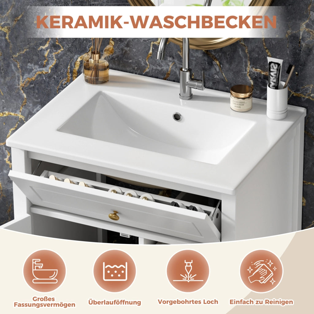 Mobile bagno freestanding 61 cm con lavabo in ceramica; cassetti a ribalta; bianco lucido