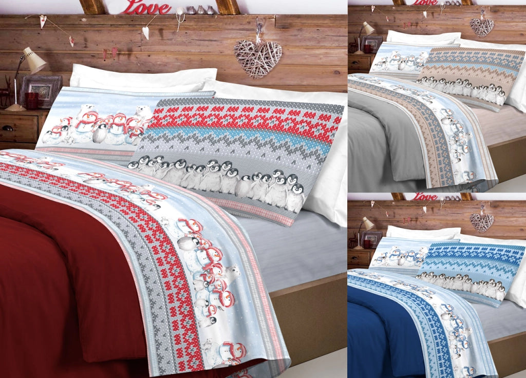 Completo Lenzuola Letto Pensieri Delicati 100% Cotone Dis. Inverno Polare - Piazza E Mezza - Blu