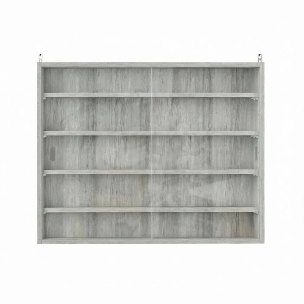 Vetrina da parete moderna in truciolato e vetro 80x9,5x60 cm grigia con 4 ripiani regolabili