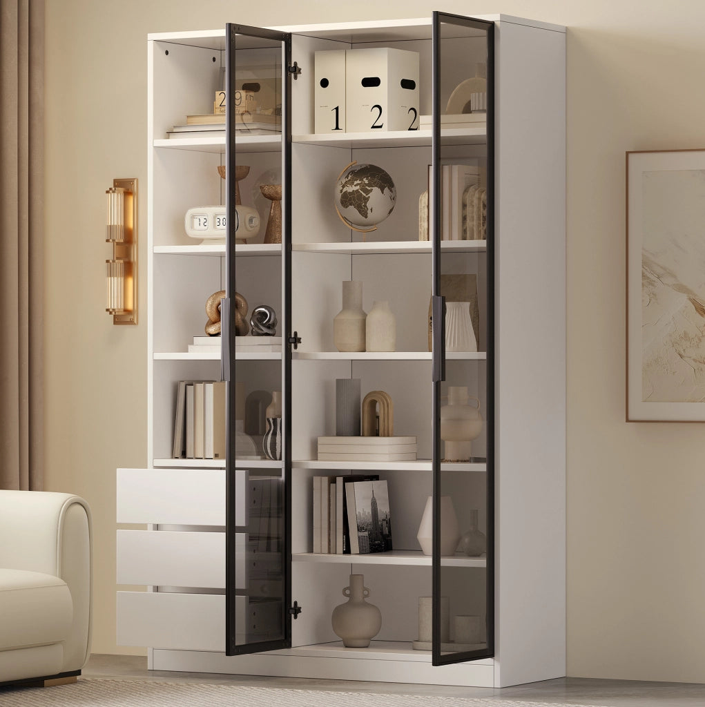 Vetrina 100x35x160 cm bianca in MDF e truciolare con LED e cassetti