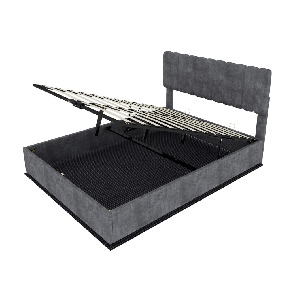 Letto imbottito moderno 160x200 cm con testiera morbida grigio e contenitore con meccanismo a gas