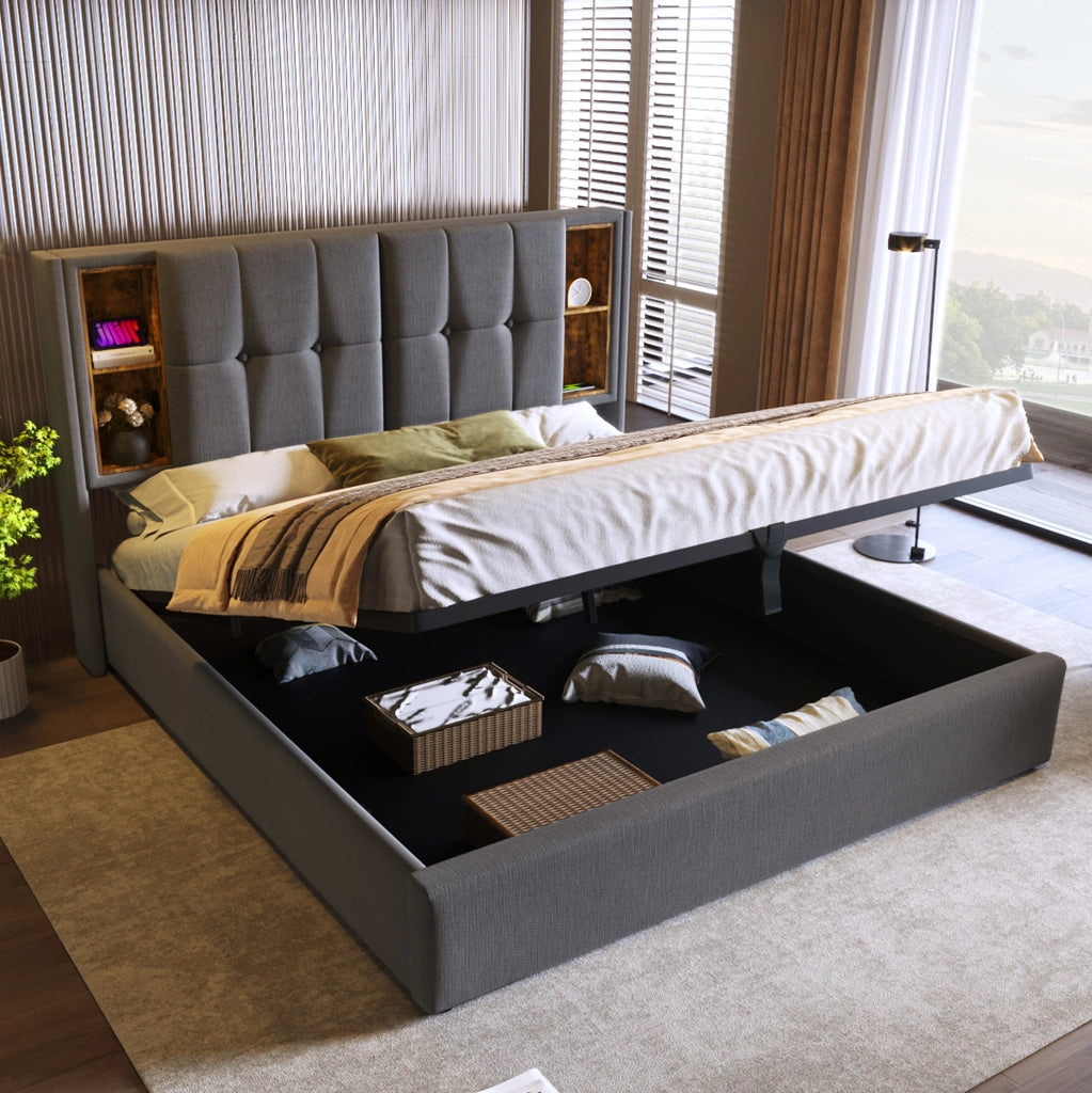 Letto imbottito 140x200 cm con contenitore; ricarica wireless; USB e Type-C; grigio