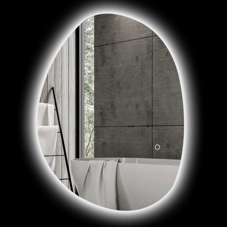 Specchio da bagno asimmetrico 70x50 cm con illuminazione LED e funzione antiappannamento, argento