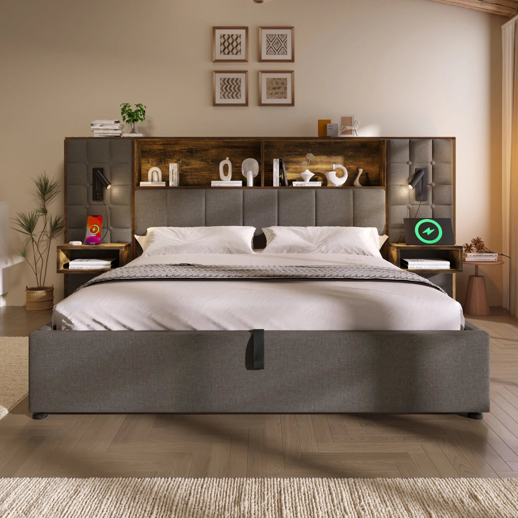 Letto imbottito 180x200 con contenitore ad apertura idraulica; comodini integrati e rivestimento in lino grigio
