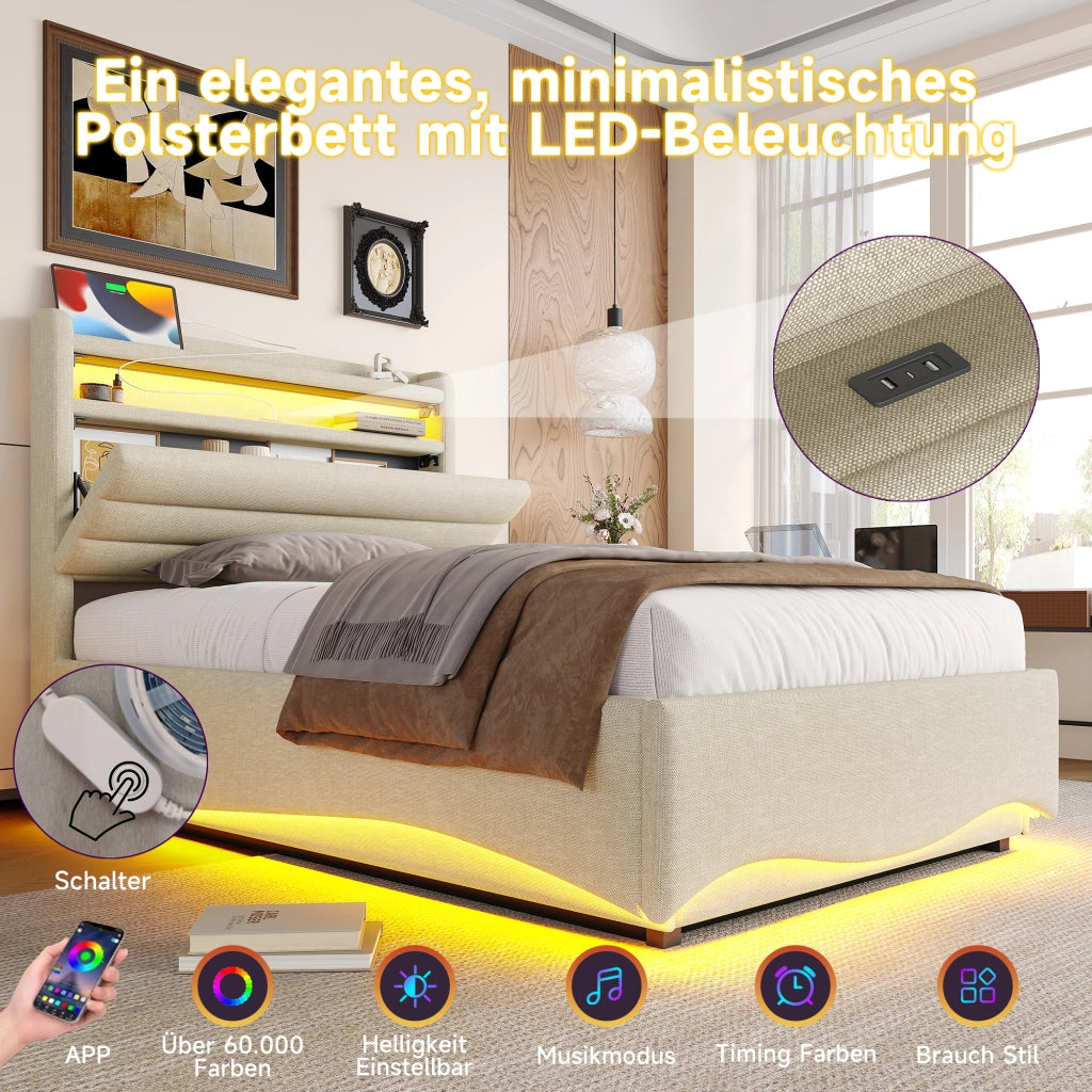 Letto singolo con contenitore 90 × 200 cm con LED; USB e Type-C; rivestito in lino beige con vano a ribalta