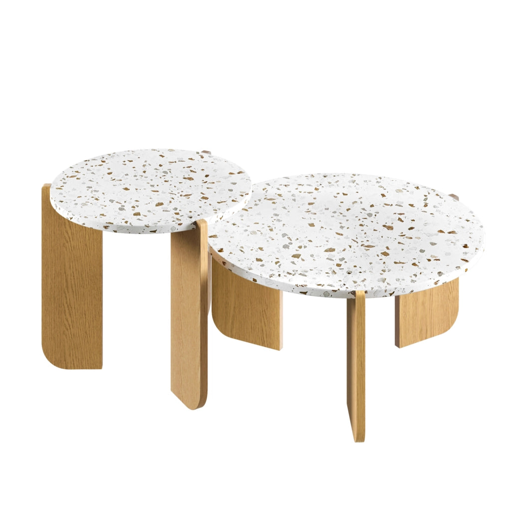 Tavolino da caffè componibile 2 pezzi in MDF; finitura naturale; 70x70x35 cm e 50x50x45;5 cm