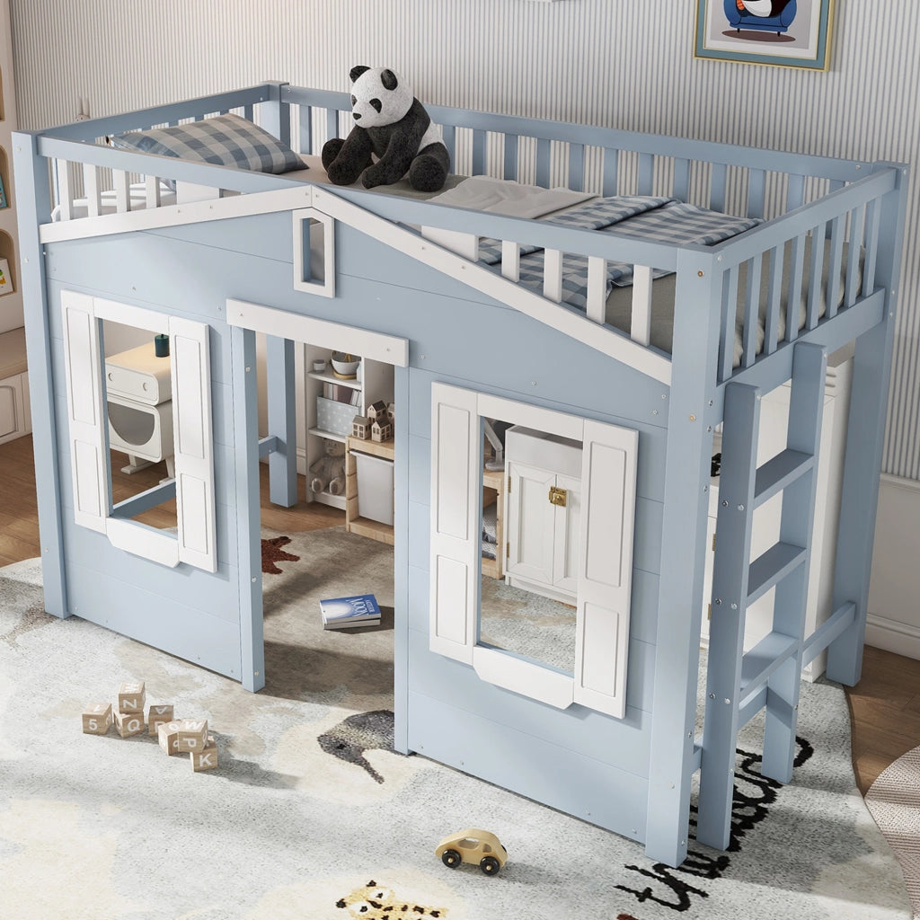 Letto a castello per bambini con scala reversibile e finestra decorativa