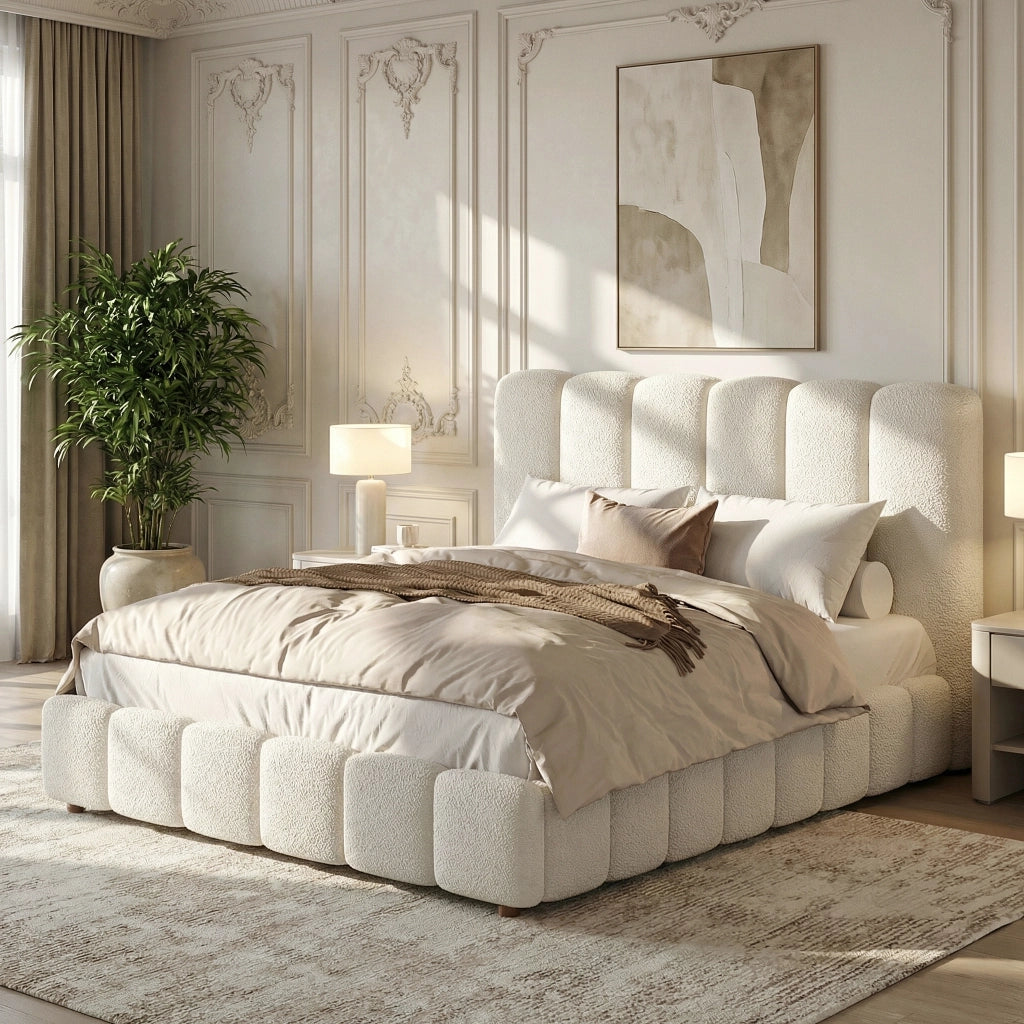 Letto contenitore 140 × 190 cm 2 posti con apertura idraulica e testiera imbottita; senza materasso; in bouclé bianco
