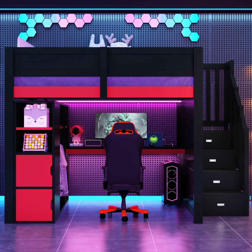 Letto a soppalco gaming in legno 140x200 cm con scrivania, ampio spazio contenitore, illuminazione LED, porta USB e scala nera con contenitore, nero + rosso