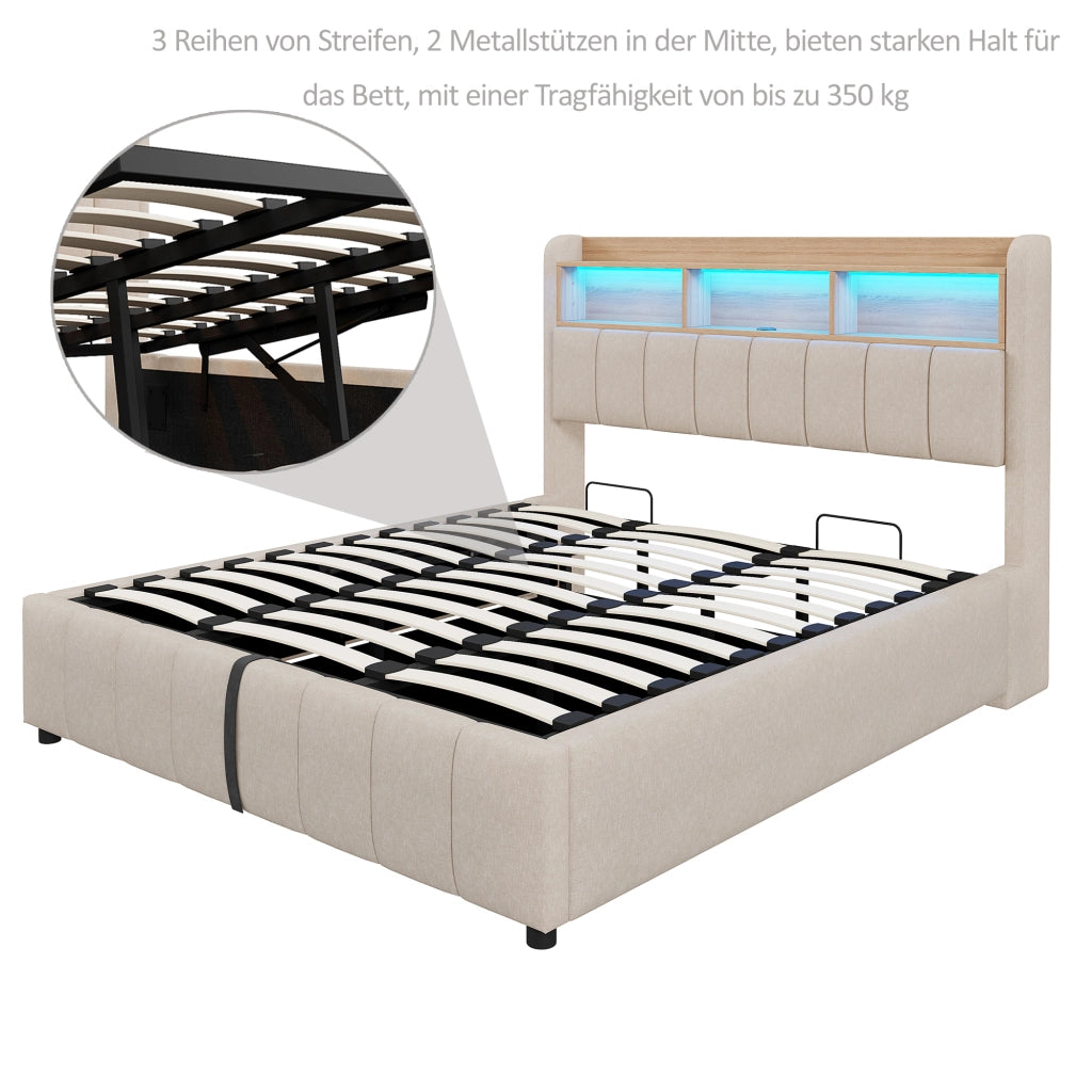 Letto matrimoniale imbottito 180 × 200 cm contenitore con LED USB e type C in tessuto di lino beige