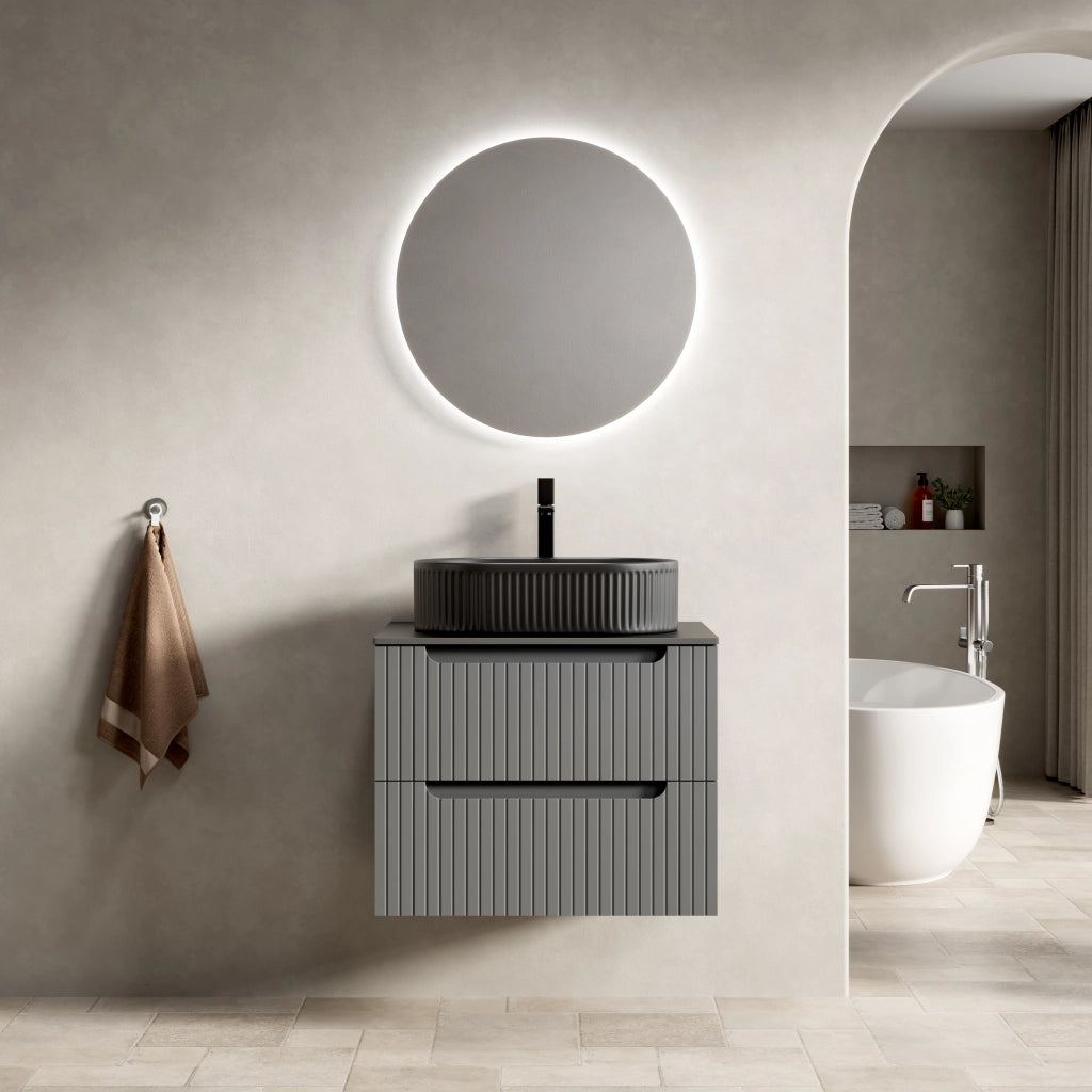 Mobile lavabo sospeso 60 cm, nero con lavandino ovale e piano in pietra sinterizzata, mobile in compensato striato con 2 cassetti, grigio scuro, preassemblato