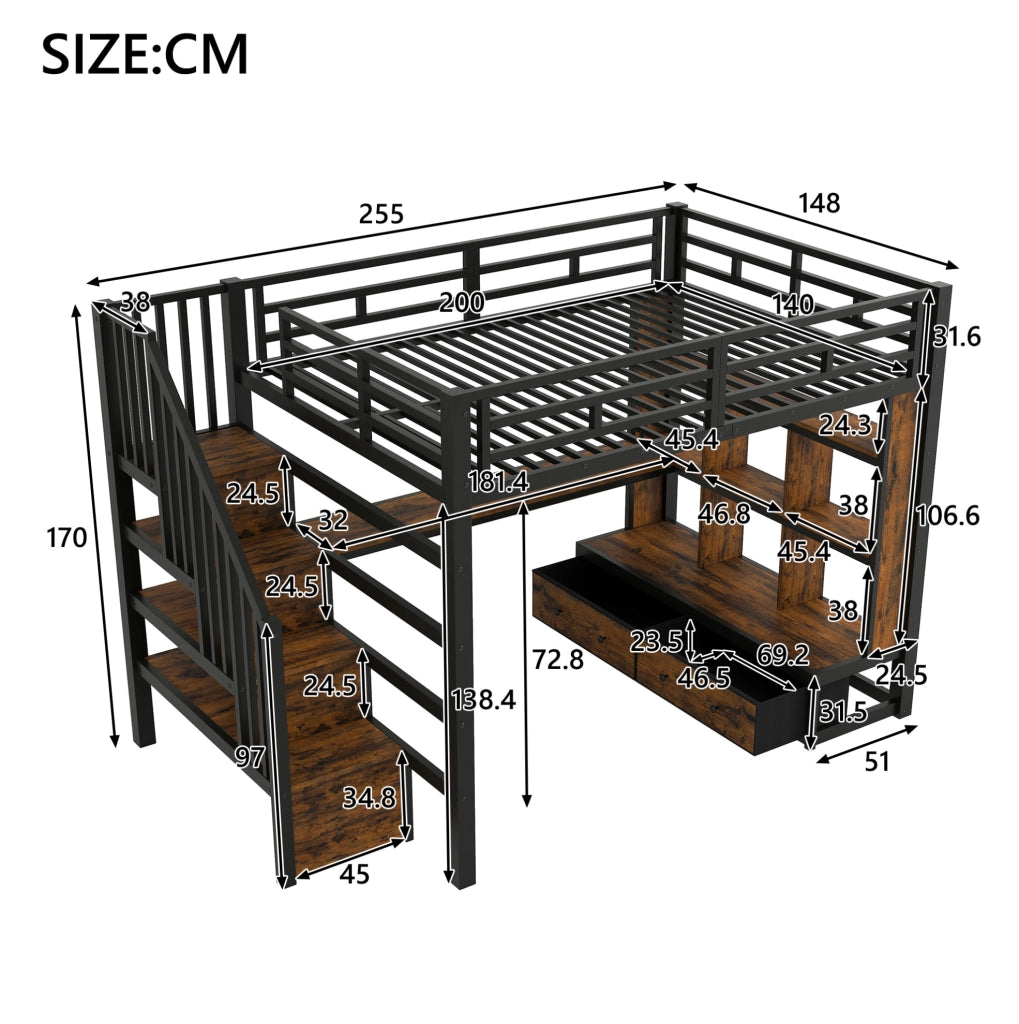 Letto a soppalco in metallo 140x200 cm con scrivania, scaffali, due cassetti integrati e scala con contenitore, colore nero