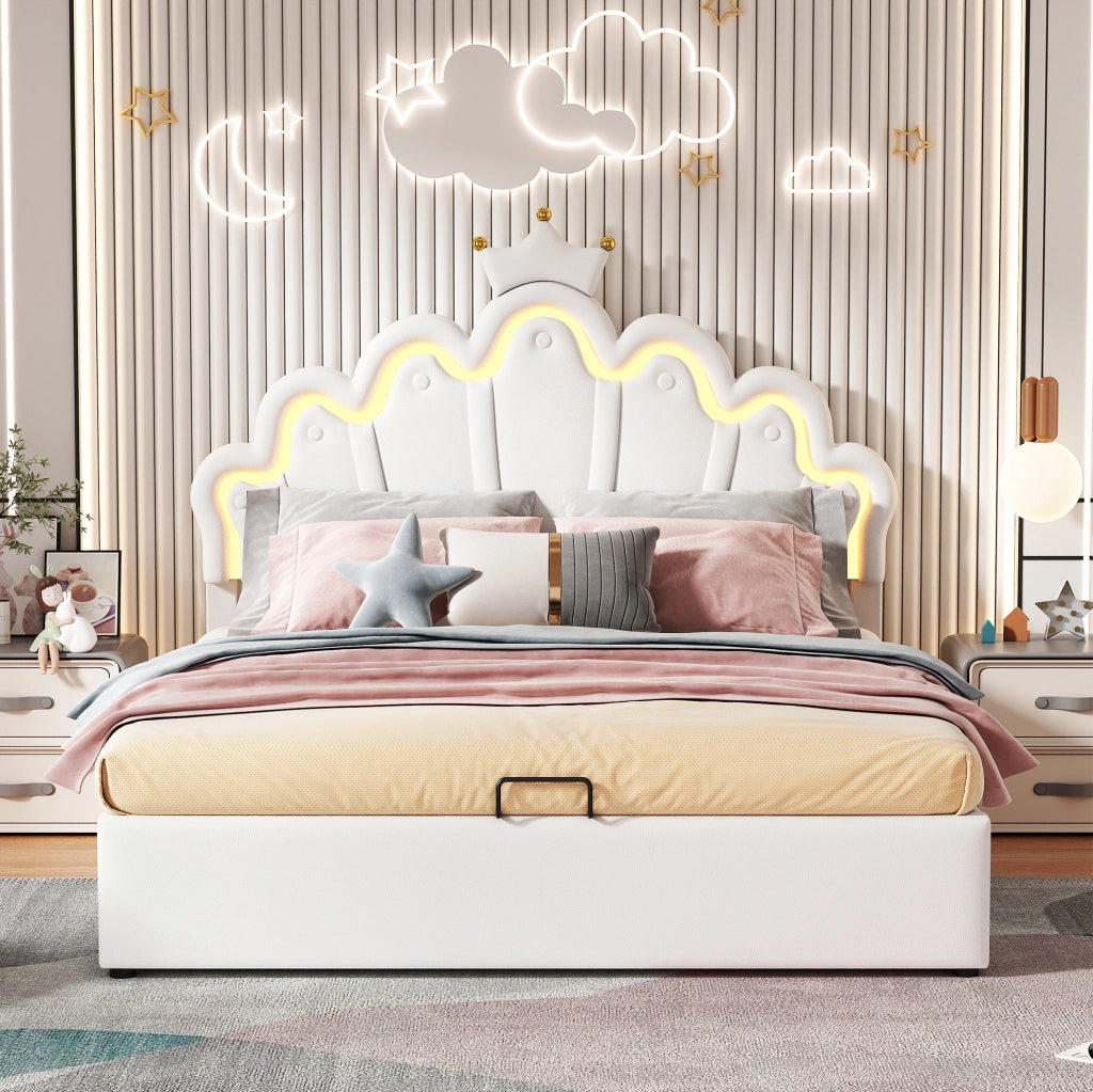 LETTO Contenitore 140x200 cm Bianco in PU con luci LED