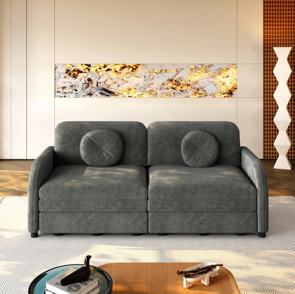 Divano letto estraibile 3-in-1 queen size 166 cm in chenille grigio con cuscini e tasche contenitive laterali