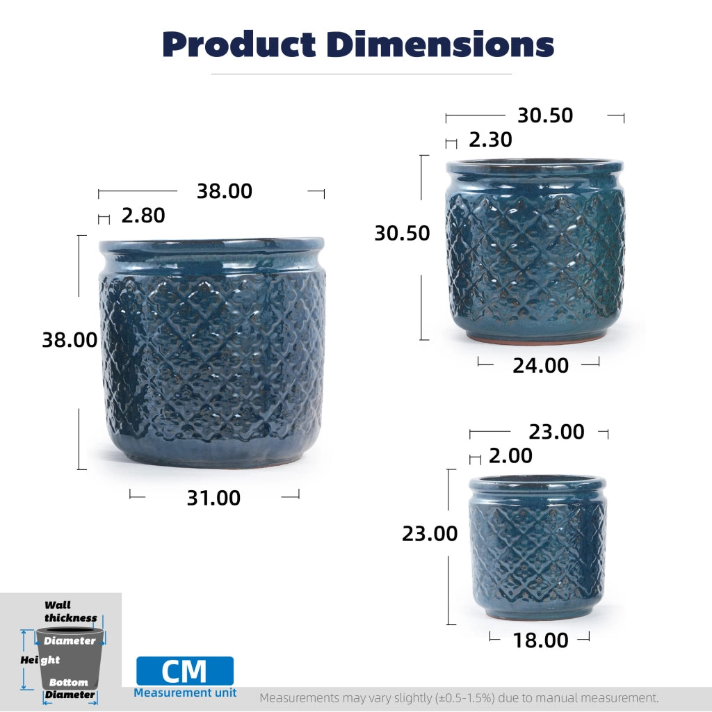 Vaso in ceramica set di 3 con rilievo a rombi blu navy e fori di drenaggio per interni e spazi esterni coperti
