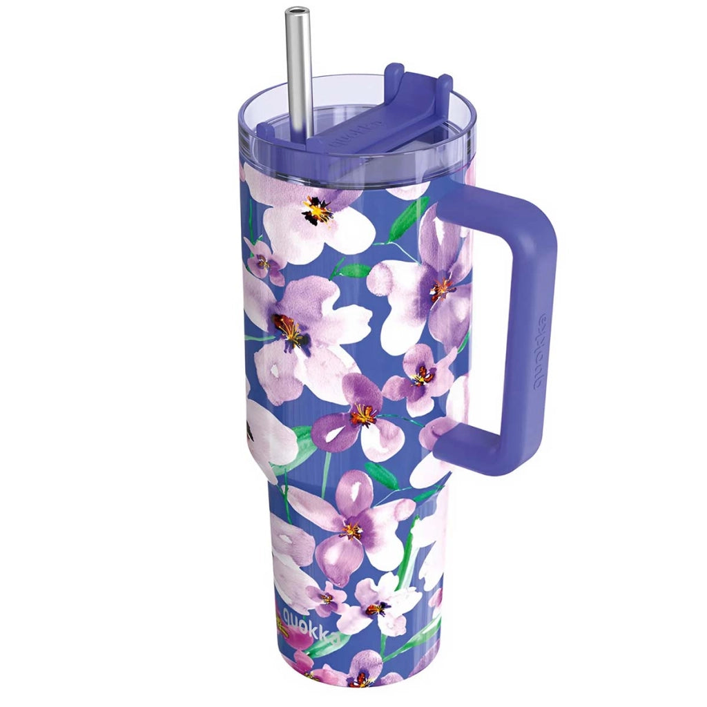 Bicchiere Termico 1200 ml con Cannuccia con Motivo Floreale Viola Quokka