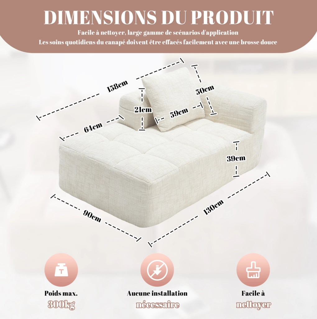 Divano chaise longue 158x90x60 cm in ciniglia beige con tasche laterali e cuscino