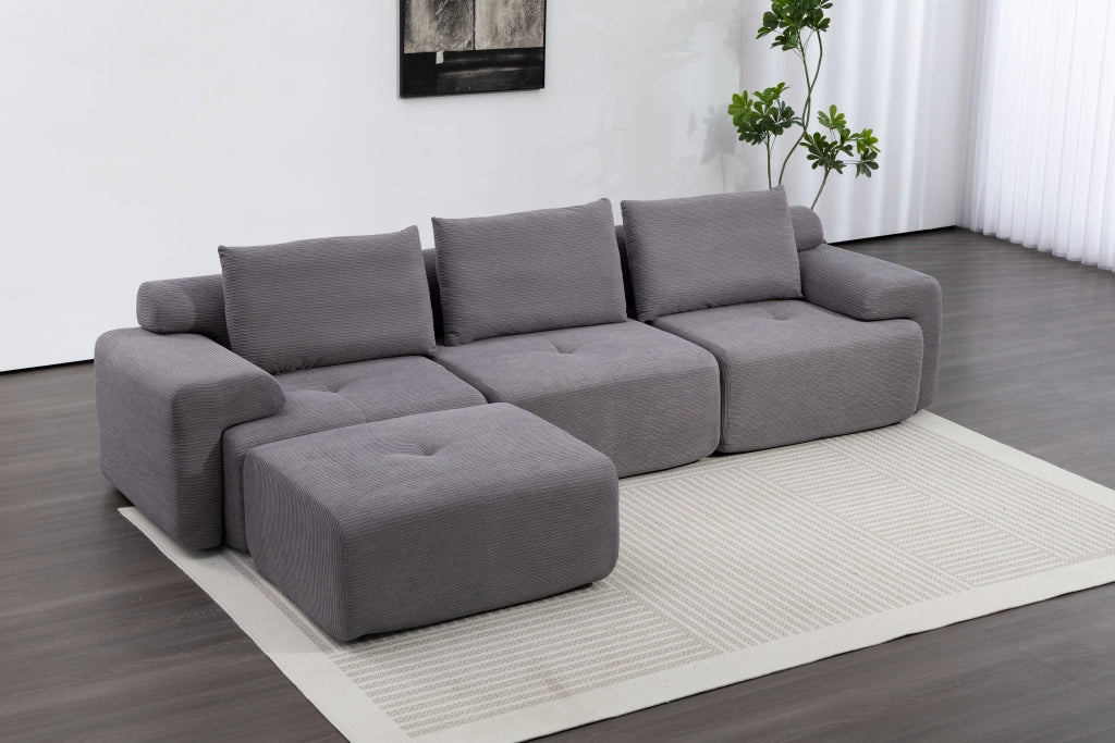 Divano angolare modulare senza telaio in tessuto a coste grigio scuro con pouf scorrevole e seduta profonda 63 cm