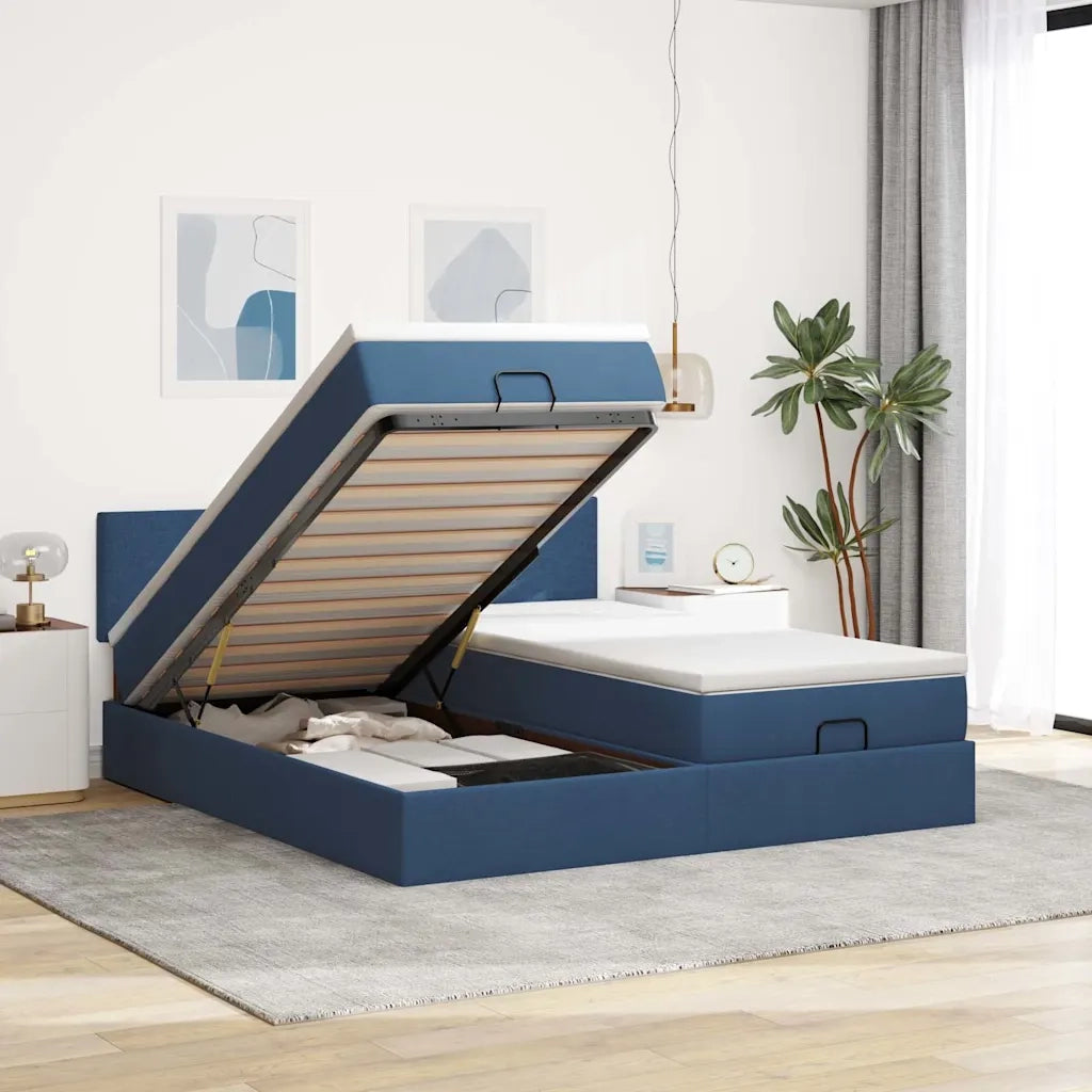 Struttura Letto Pouf con Materassi Blu 200x200 cm in Tessuto