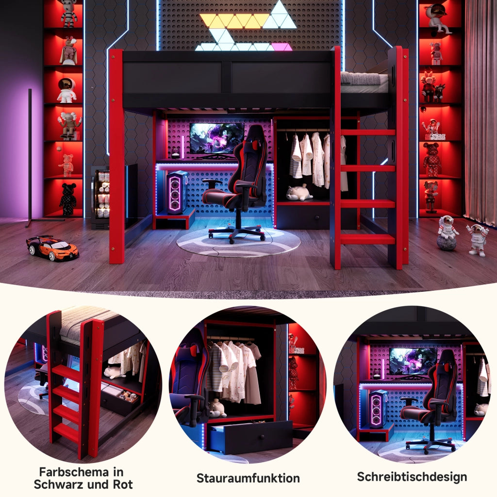 Letto a soppalco 140 × 200 cm con scrivania gaming armadio cassetti ripiani LED RGB scala in legno nero e rosso