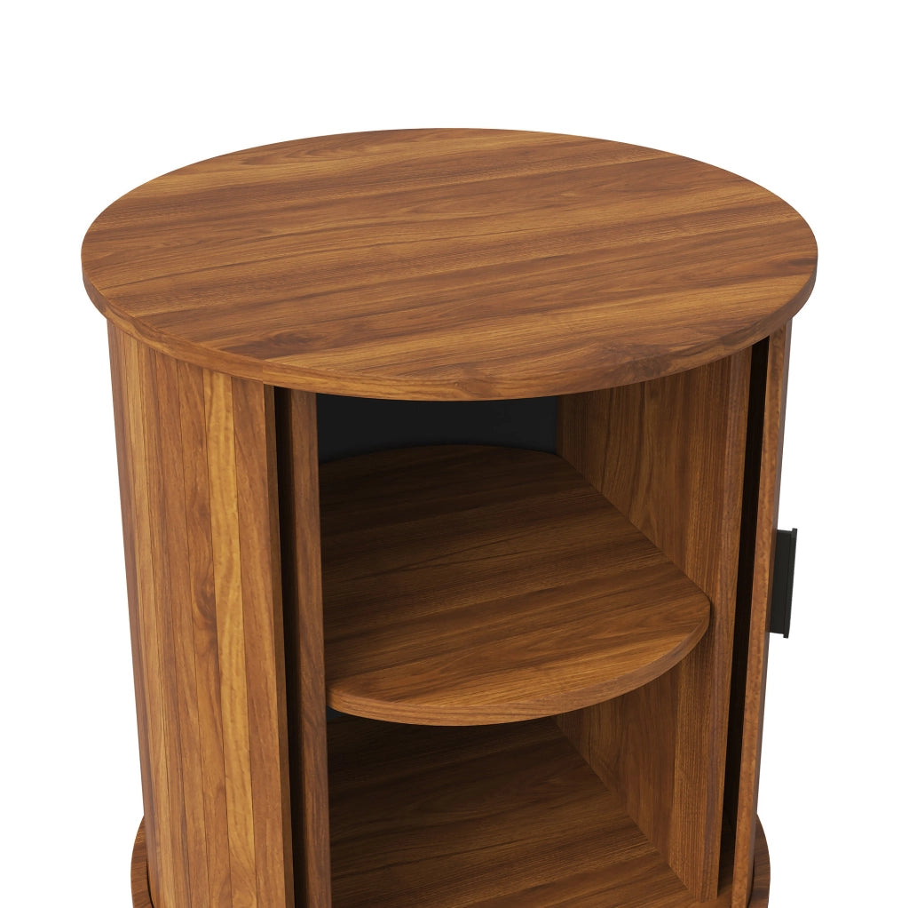Comodino rotondo 48x48x65 cm con anta scorrevole in MDF e pannello truciolare color noce HOMVRA