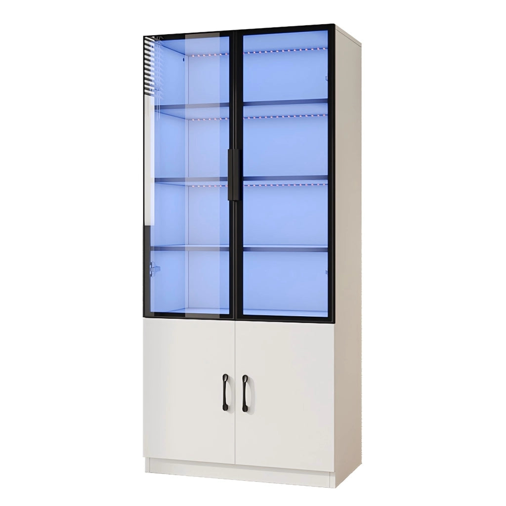 Vetrina con LED multicolore e 2 ante, ripiani espositivi e vano chiuso per soggiorno, bianca, 60 × 40 × 160 cm