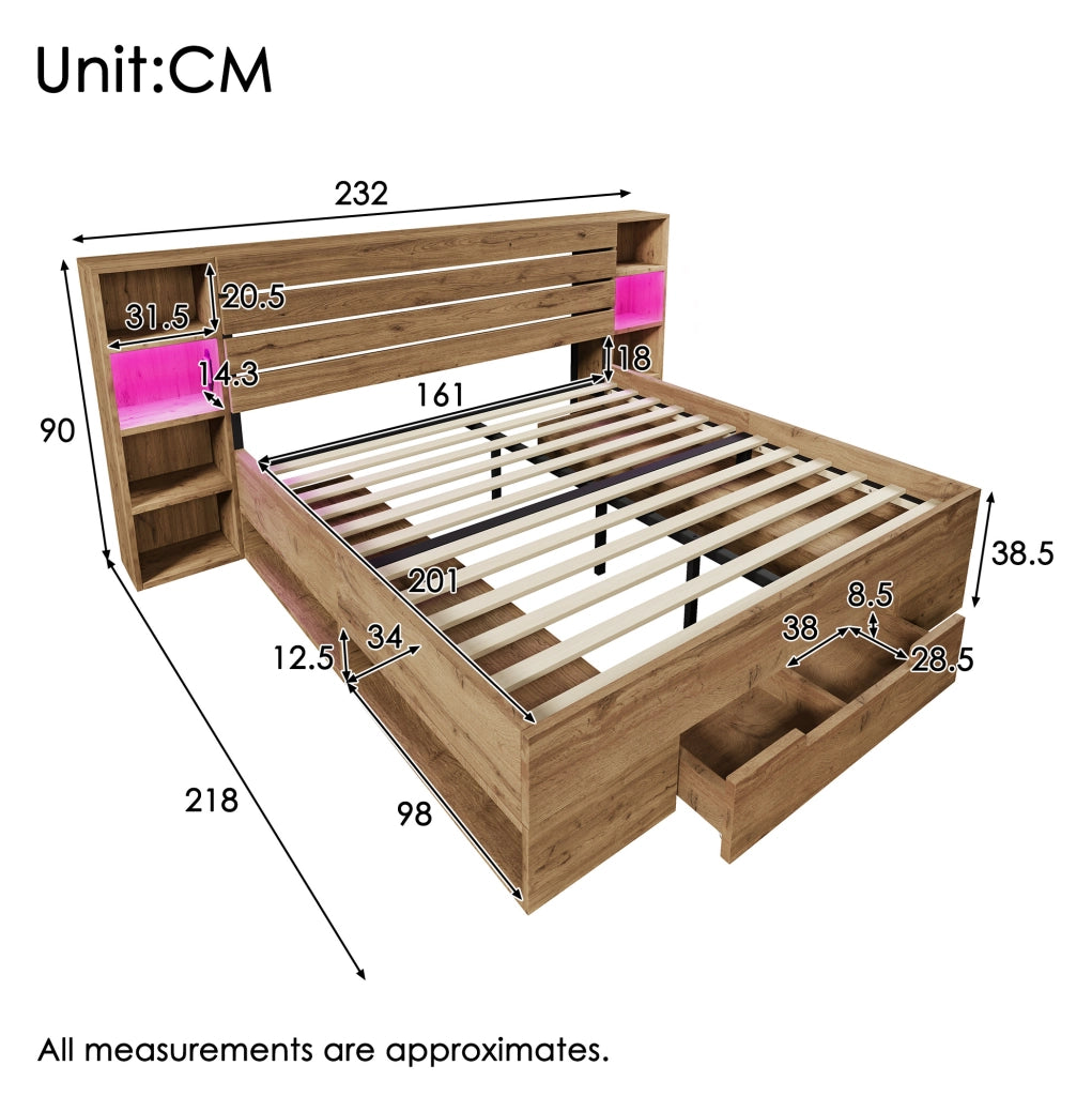 Letto matrimoniale 160x200 cm con LED; USB e Type-C; ripiani e 2 cassetti; rovere