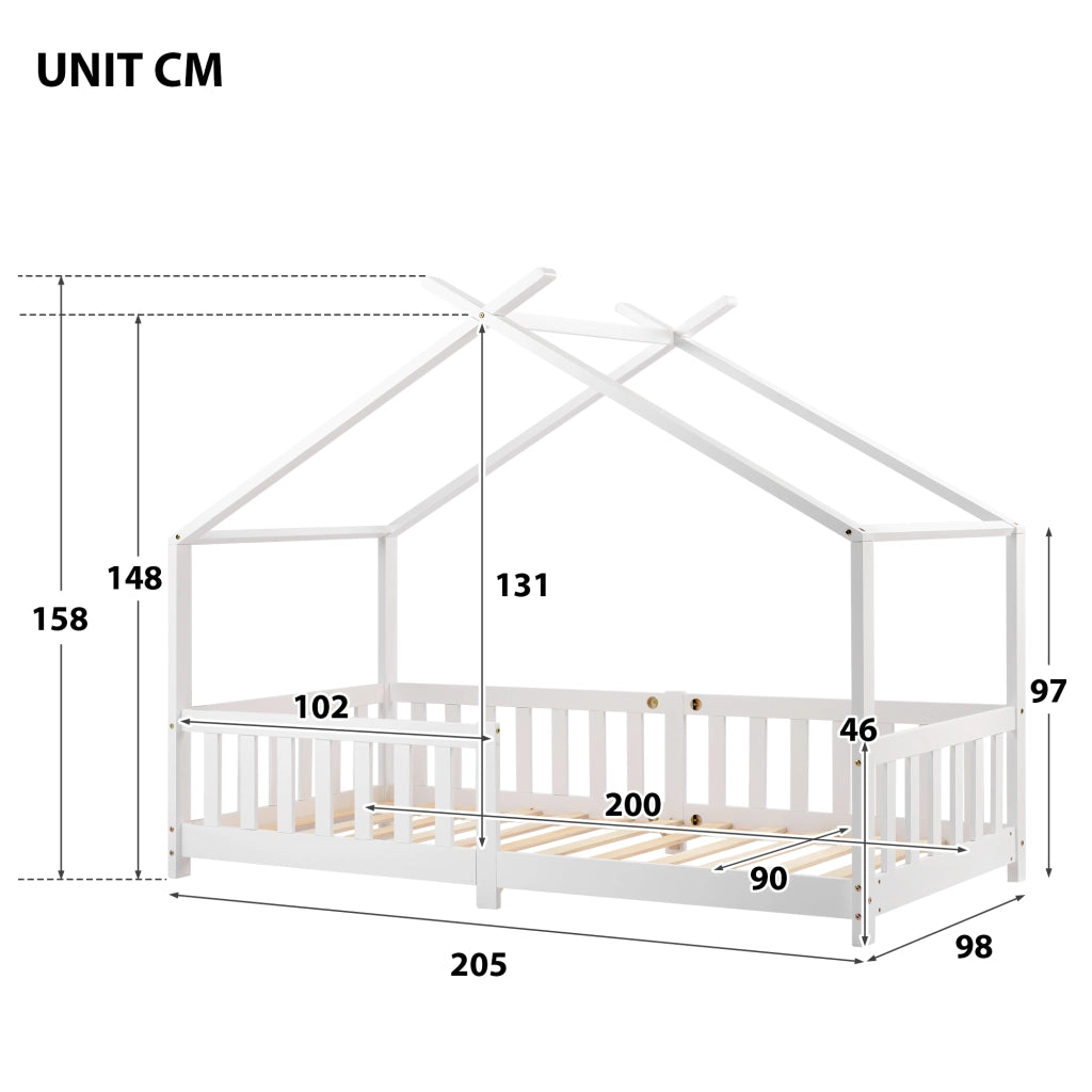 Letto per bambini a casetta 90 × 200 cm con sponde, in legno di pino bianco e spazio sotto il letto