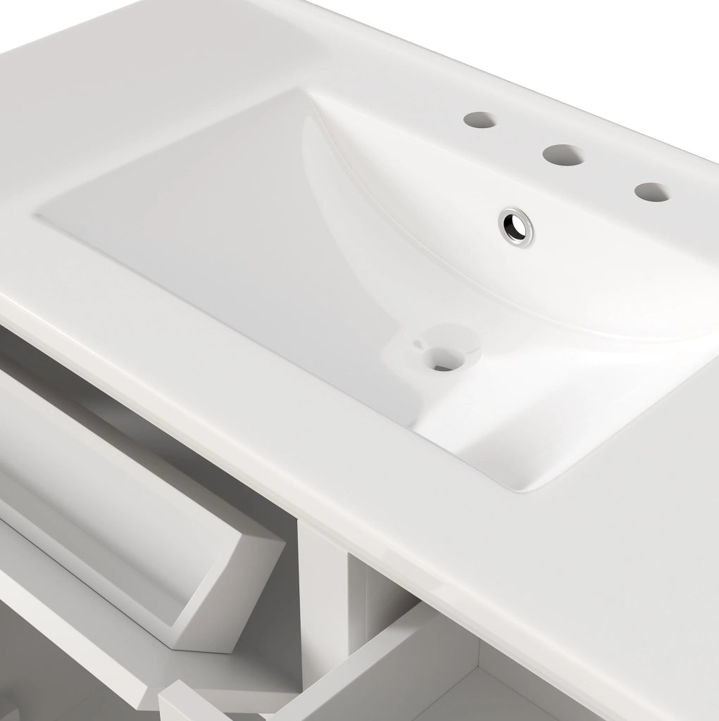 Mobile bagno bianco laccato 90x46x87 cm con lavabo in ceramica, doppia anta, 5 cassetti con ammortizzatori silenziosi e piedini in legno massello