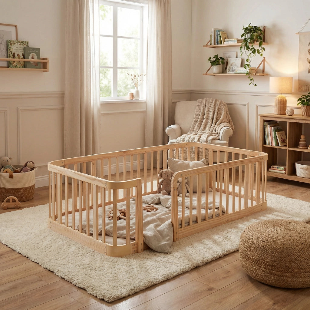 Recinto modulare per bambini 140 × 200 cm in legno naturale con sbarre da 7 cm, bordi arrotondati, senza materasso